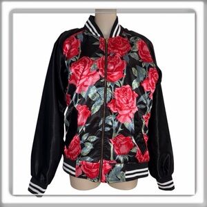 NWT CHRLDR 100% Satin Floral Bomber Jacket Full Zip Red Black Size Large